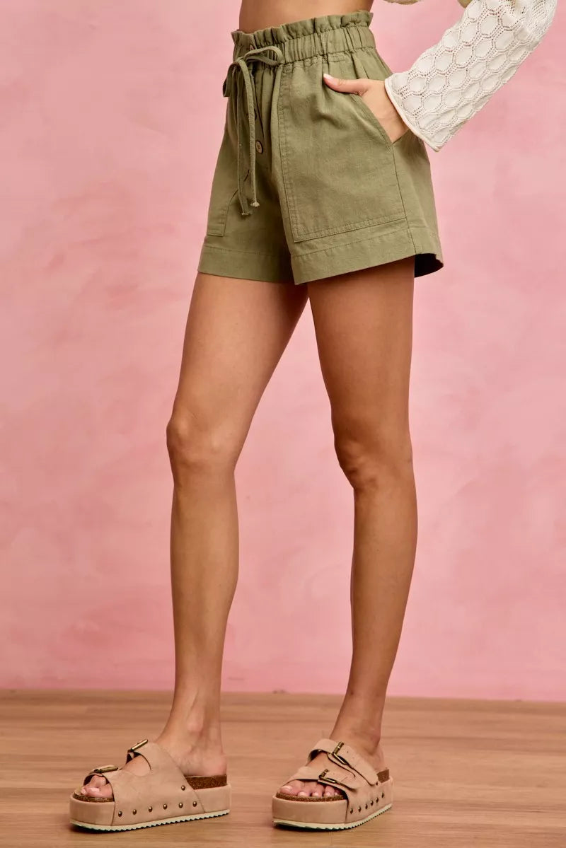 Paper bag waist twill shorts with button front and patch pockets