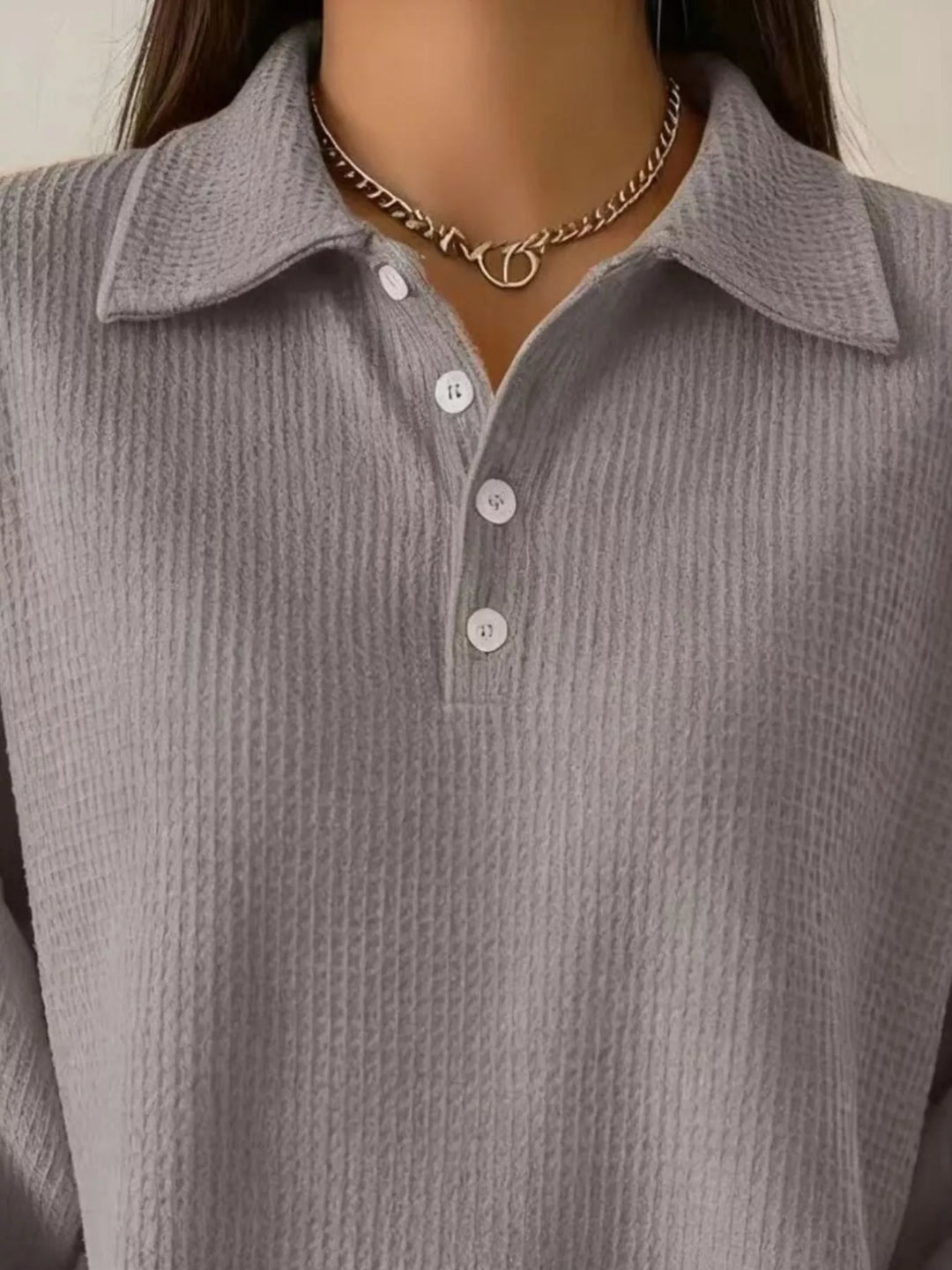 Waffle knit collared pullover with button placket