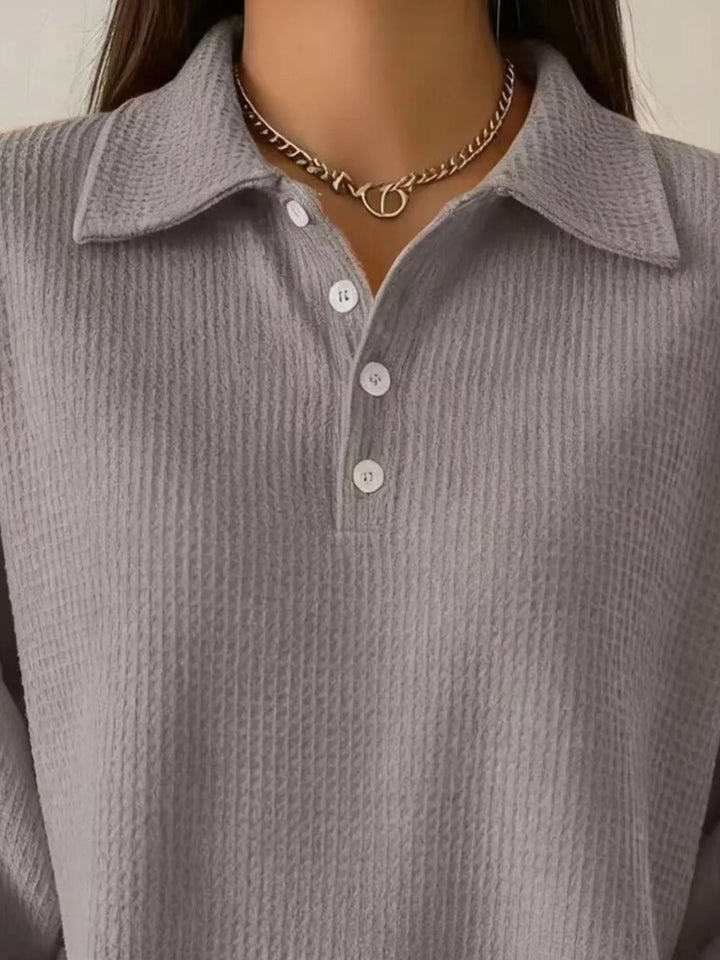Waffle knit collared pullover with button placket