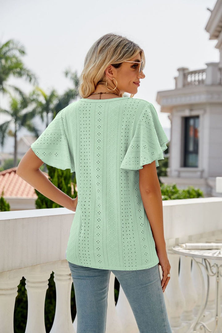 Eyelet knit flutter sleeve round neck top