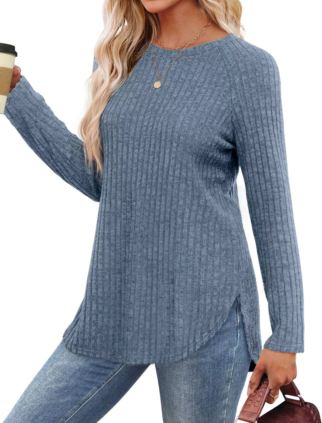 Ribbed knit crew neck long sleeve top with curved hem