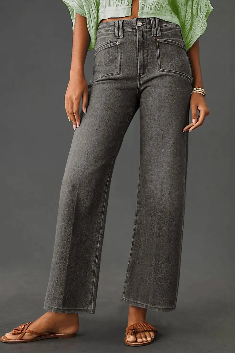 Vintage wash high-rise wide-leg jeans with patch pockets