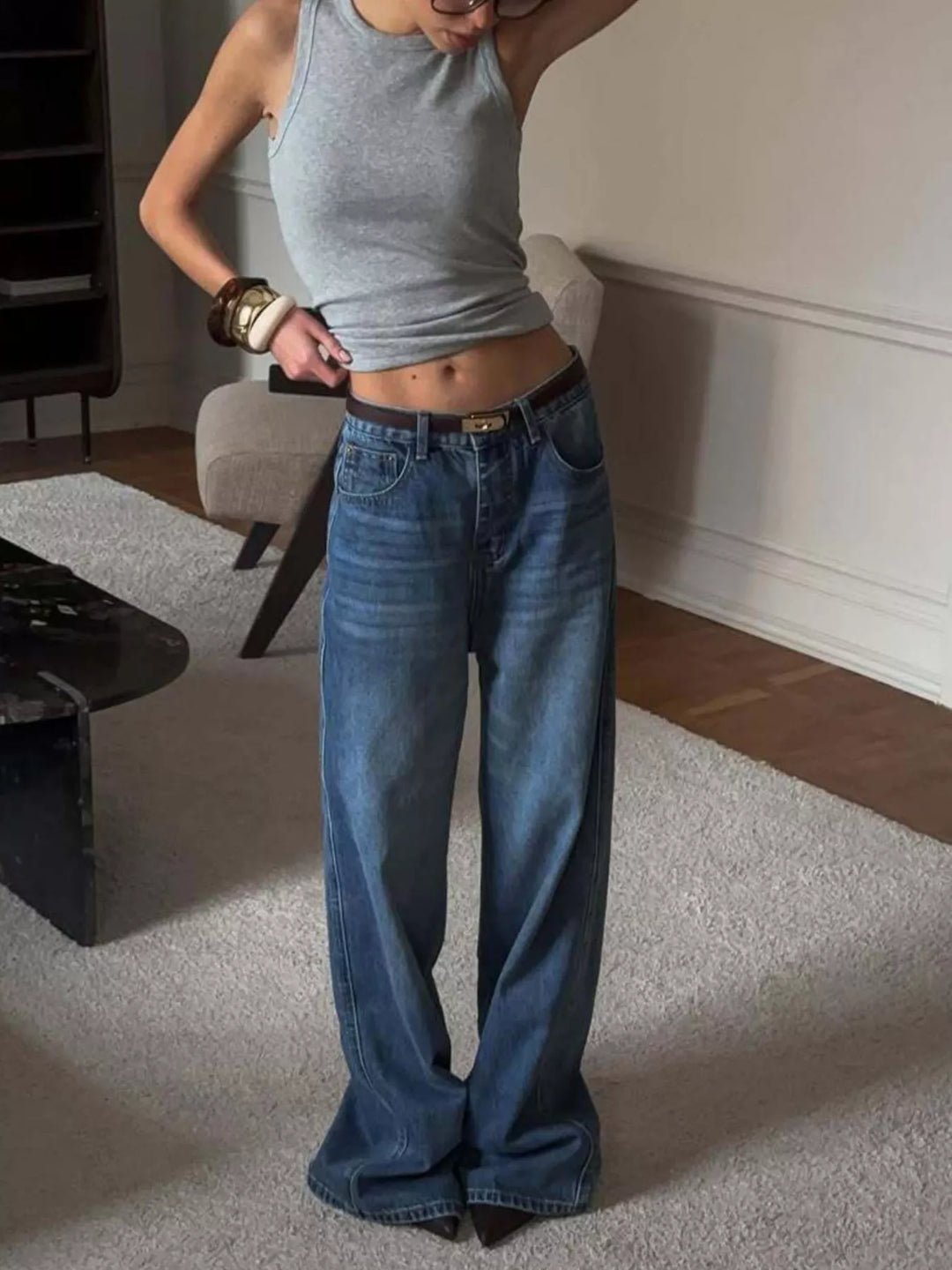 Wide leg high rise jeans with floor-skimming hem
