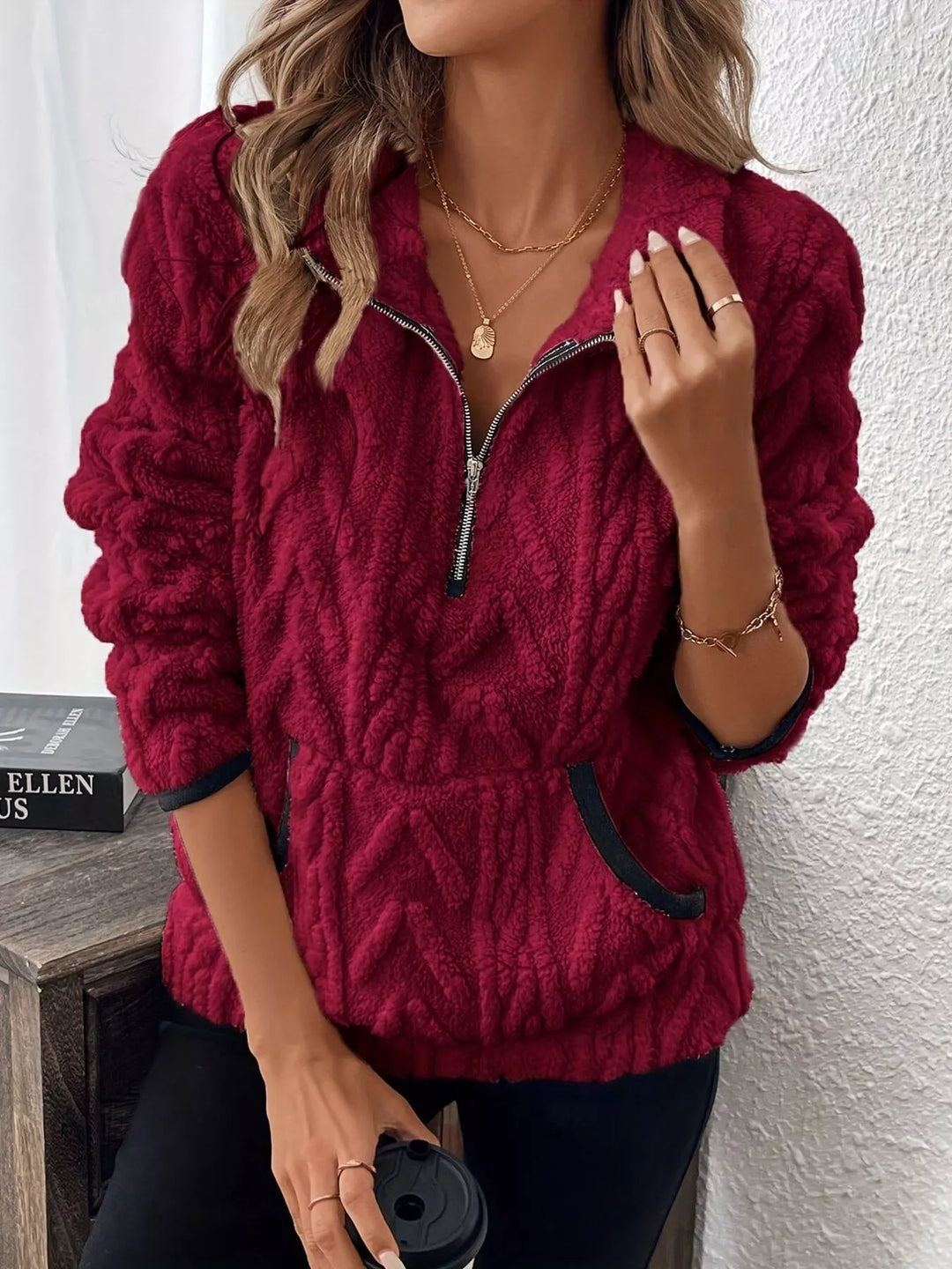 Textured fleece half-zip pullover with kangaroo pocket