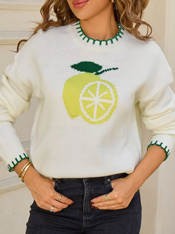 White Lemon graphic knit sweater with whipstitch trim