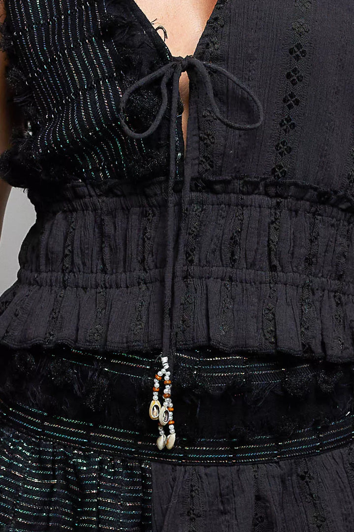 V-neck tie-front cotton ruffle crop cami