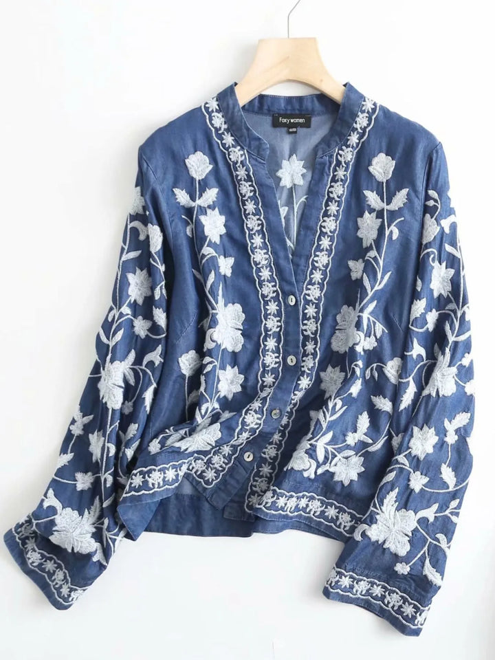 Floral embroidered button-up denim shirt