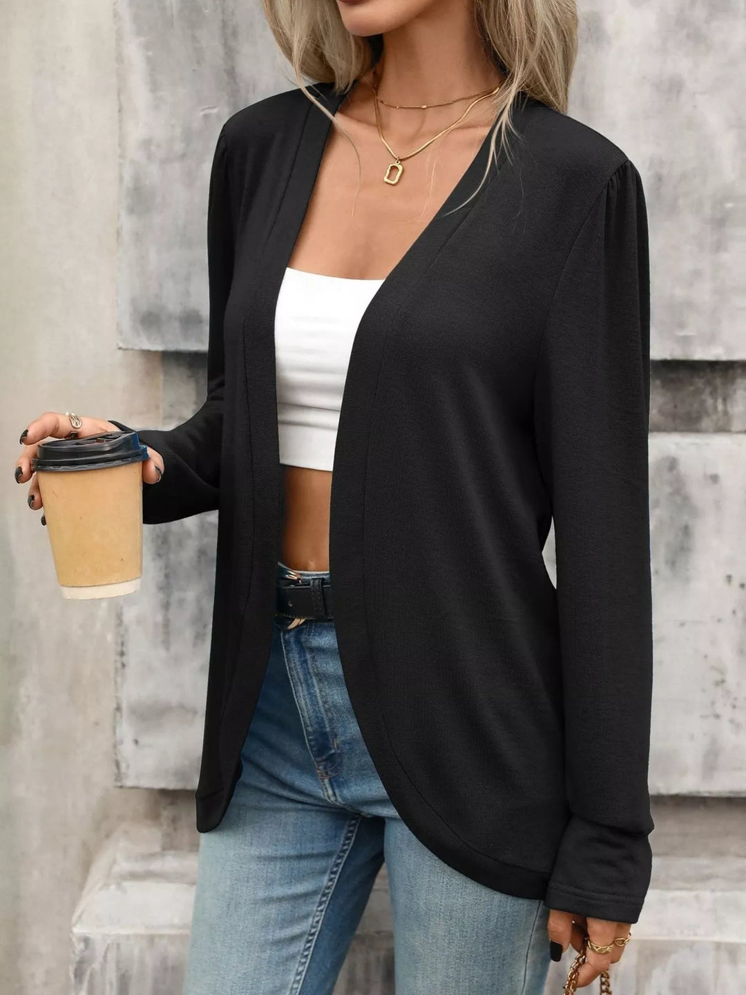 Black Open front collarless cardigan blazer with curved hem