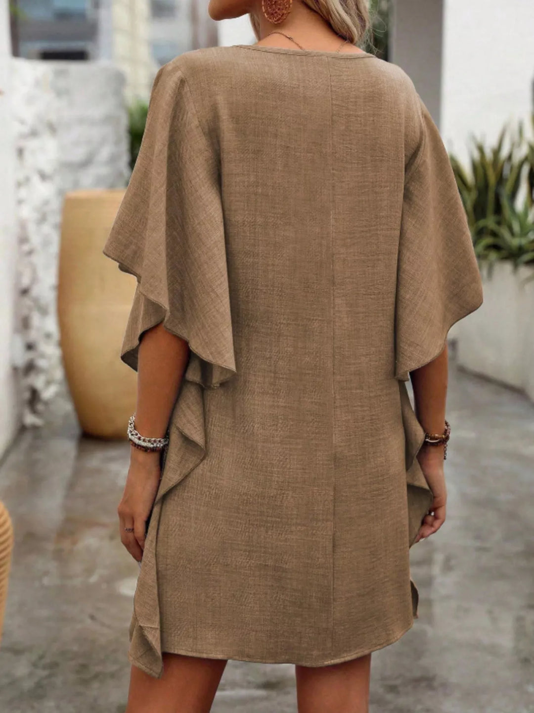 Flutter sleeve V-neck mini dress in textured weave