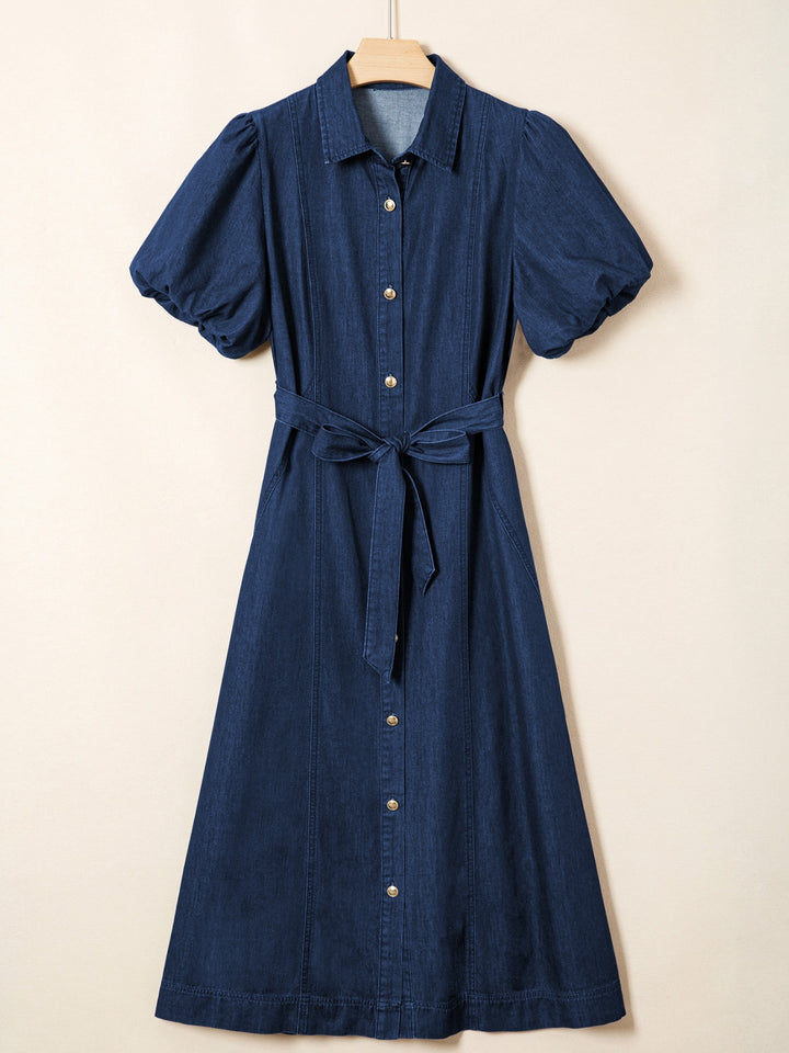 Puff sleeve button-down midi denim dress with tie belt