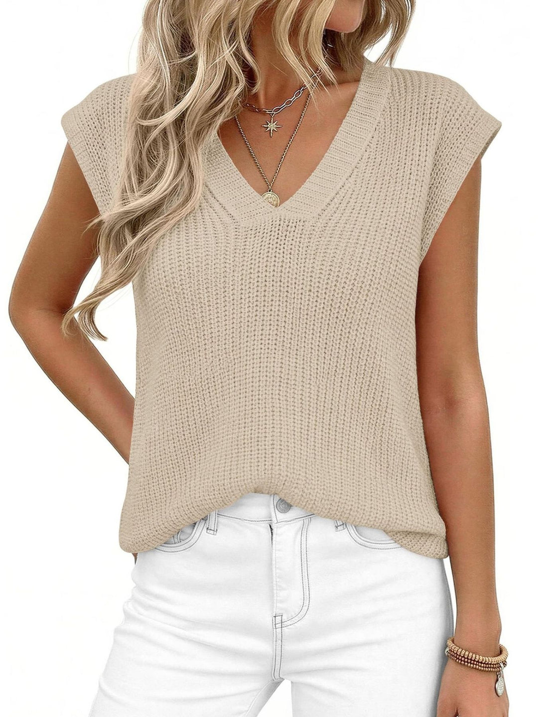 V-neck cap sleeve waffle knit sweater vest