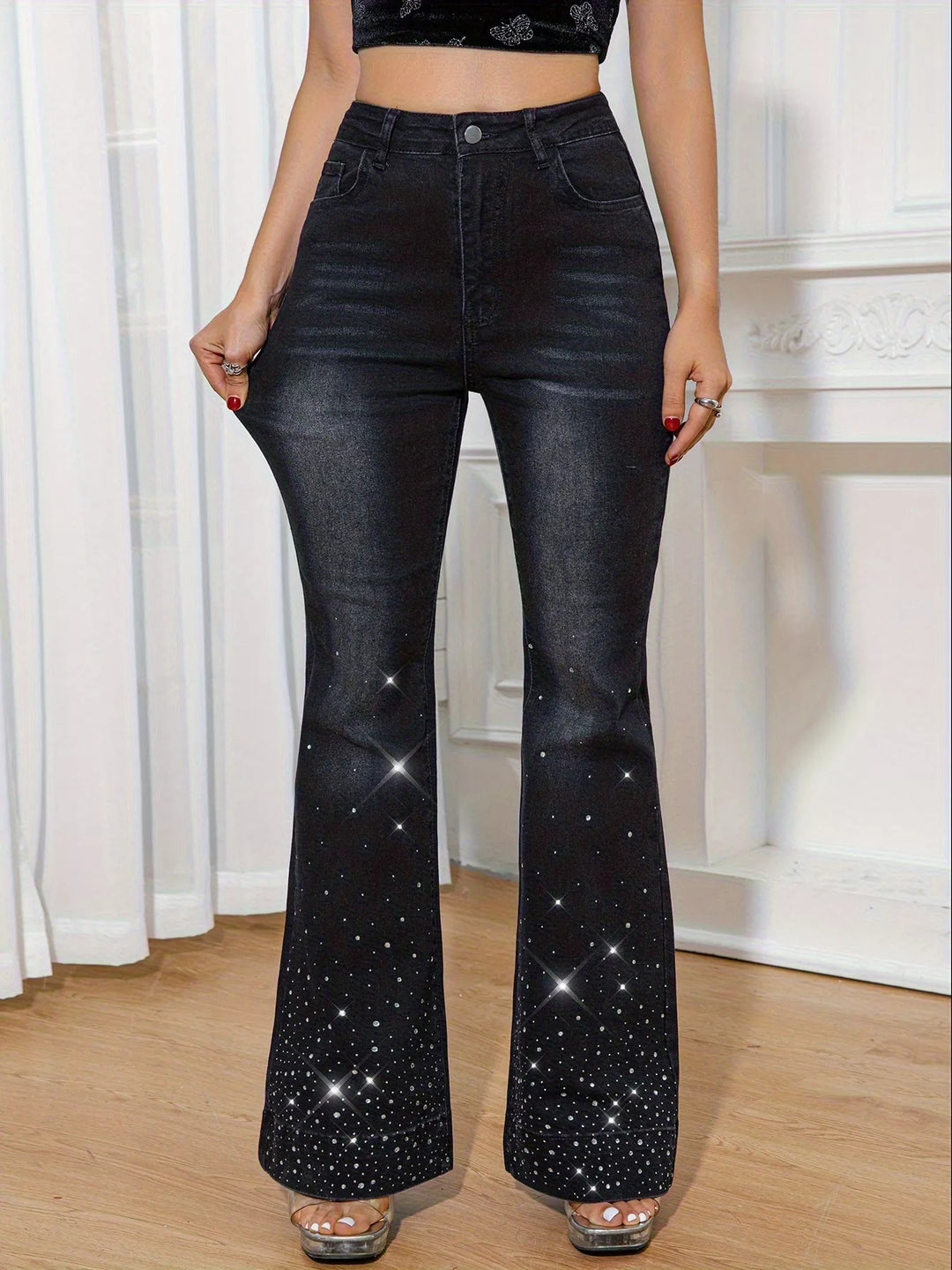 Black High-rise rhinestone flare jeans with whiskered fade
