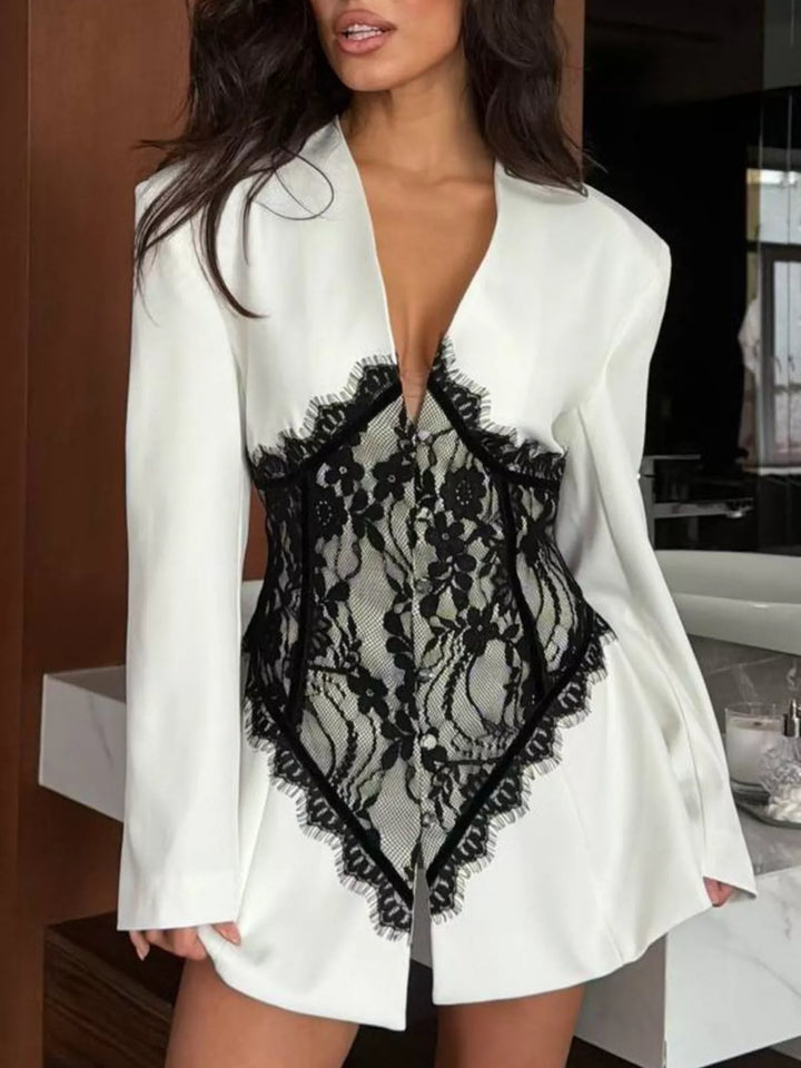 Lace inset longline blazer with structured shoulders