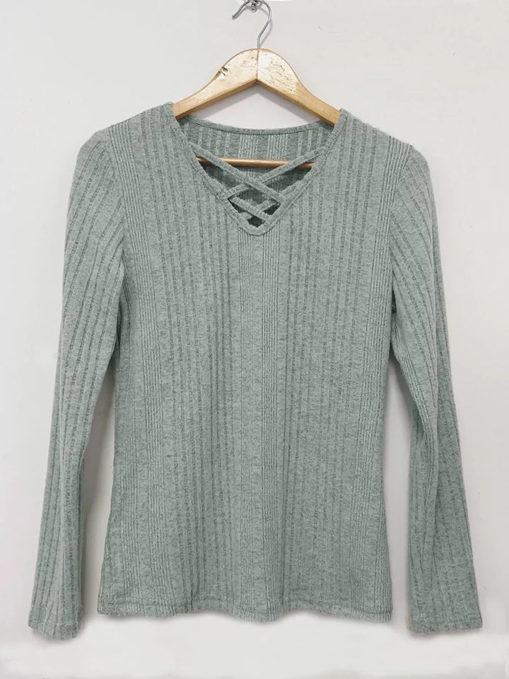 Crisscross V-neck ribbed knit long sleeve top