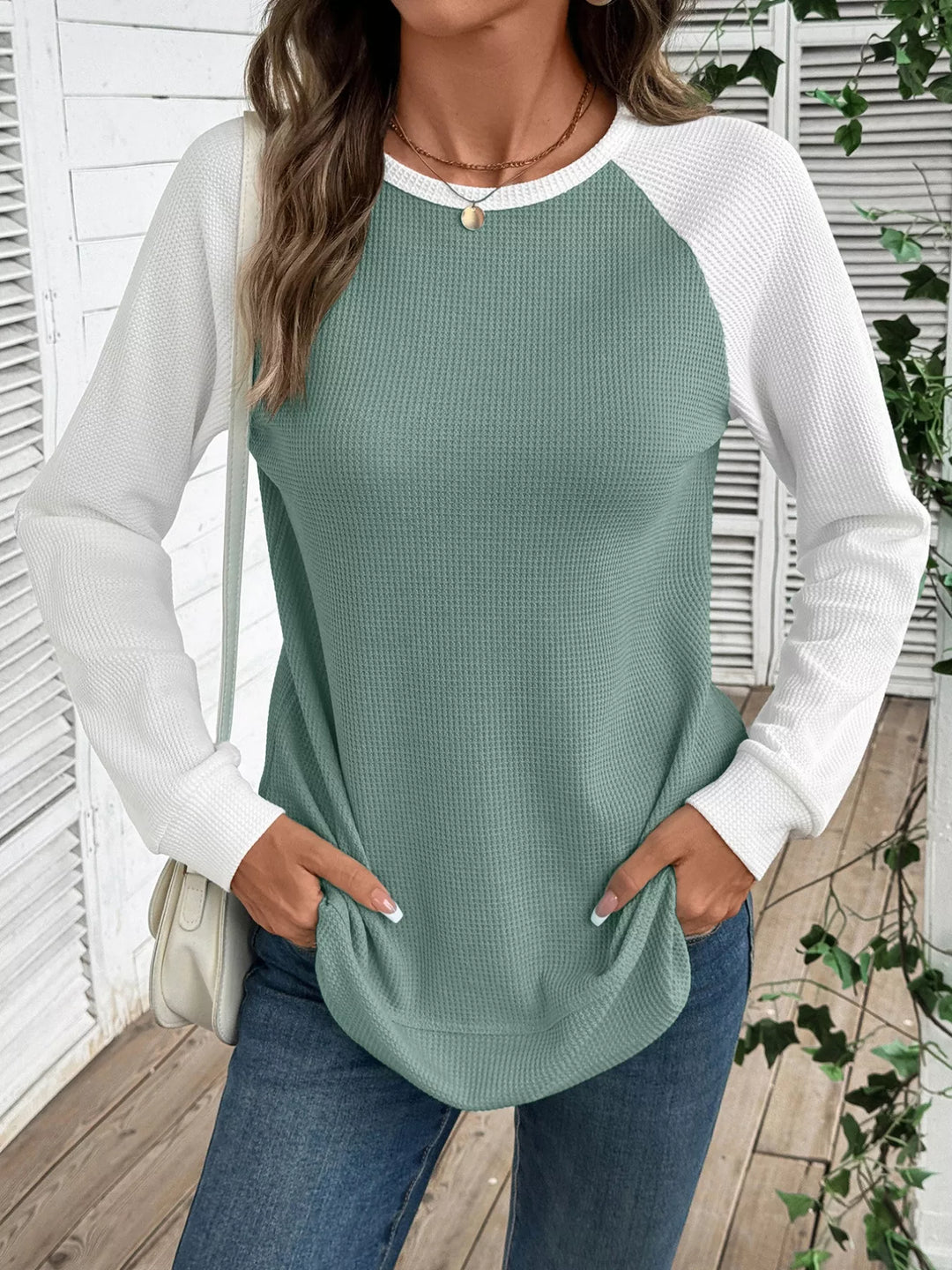 Contrast raglan waffle knit long sleeve top