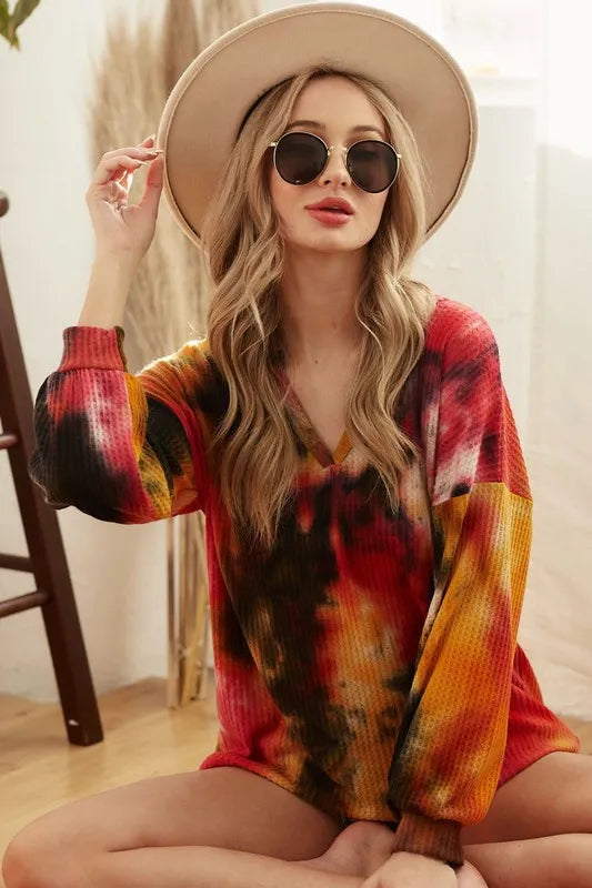 Tie-dye brushed waffle knit top with bubble sleeves