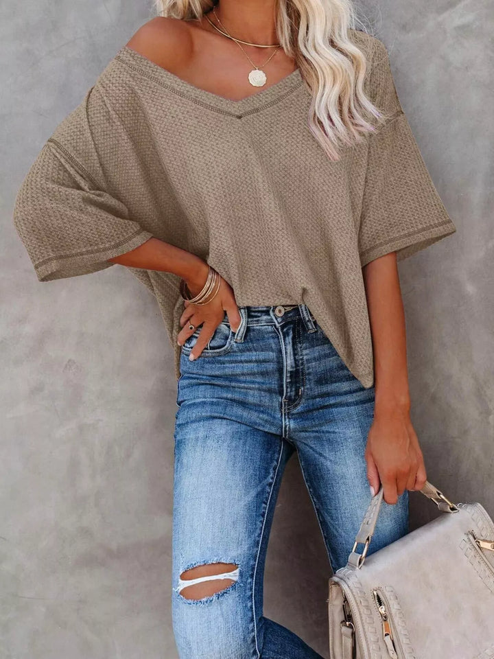 Waffle knit v-neck drop shoulder short sleeve tee