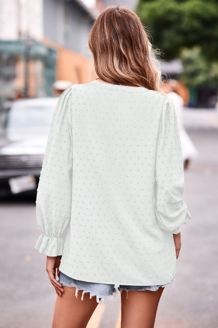 Swiss dot notched neck blouse with flounce sleeves