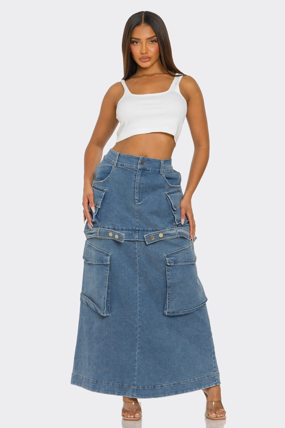 Utility denim maxi skirt with cargo pockets and button accents - Blue