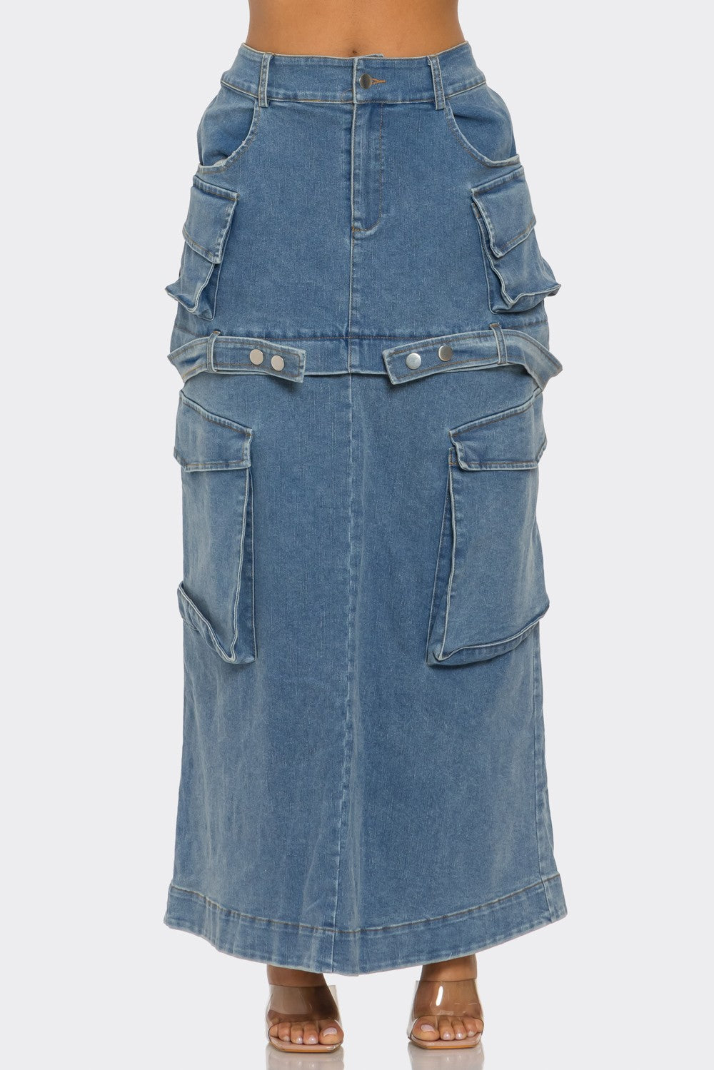 Utility denim maxi skirt with cargo pockets and button accents