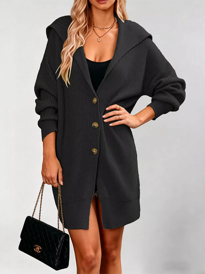 Black Hooded longline button-front knit cardigan with pockets