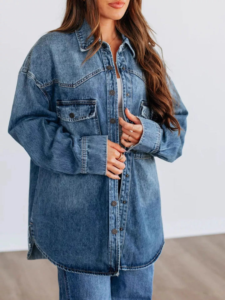 Dark Blue Oversized snap-front denim shacket with chest pockets