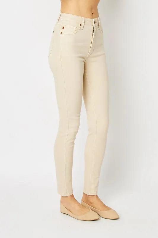 Garment-dyed tummy control high-rise skinny jeans