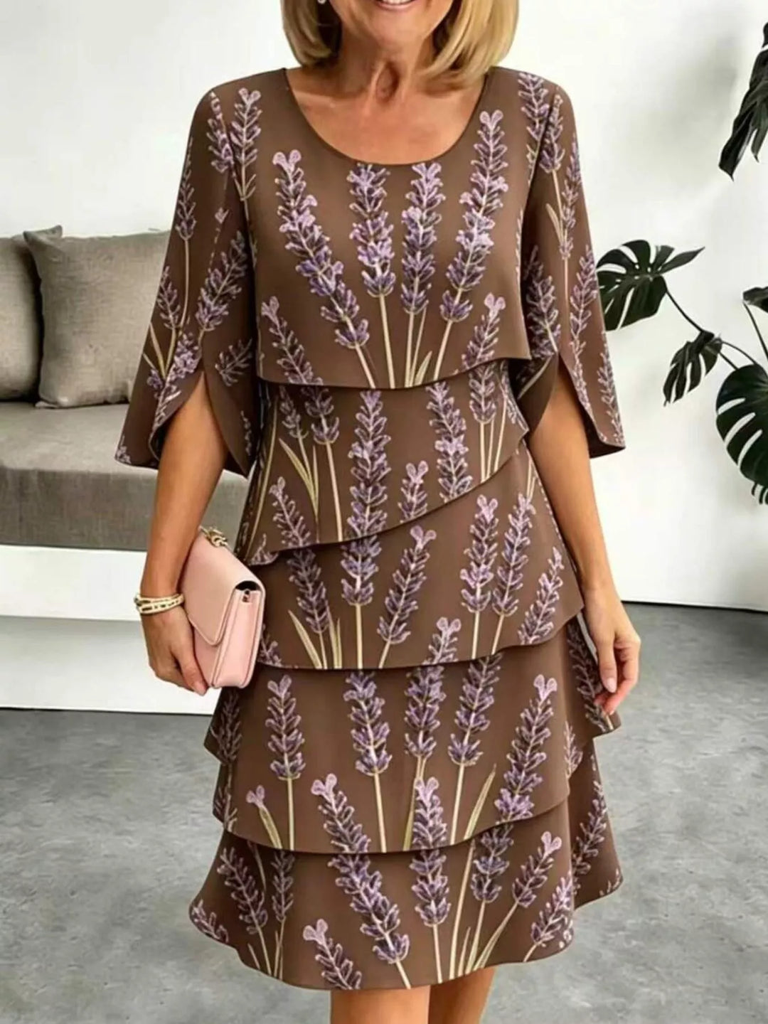 Brown Tiered floral print midi dress with flutter sleeves