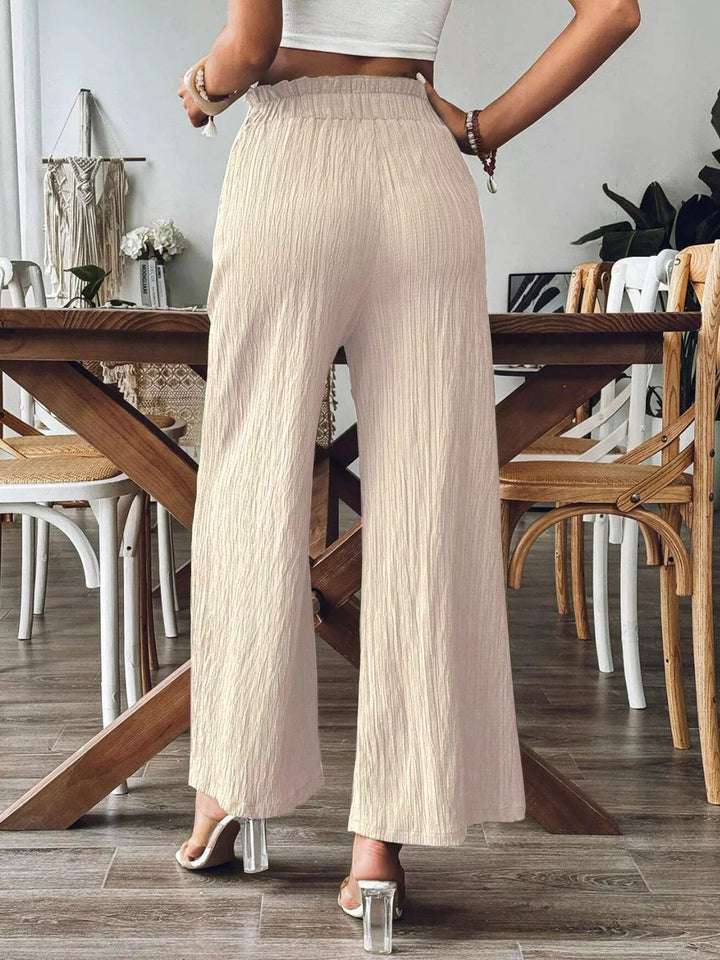 Crinkle ruched high-waist wide leg pants with pockets