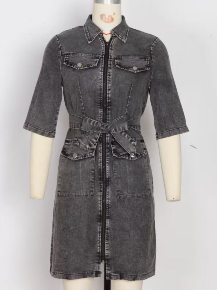Zip-front tie-waist short sleeve denim mini dress