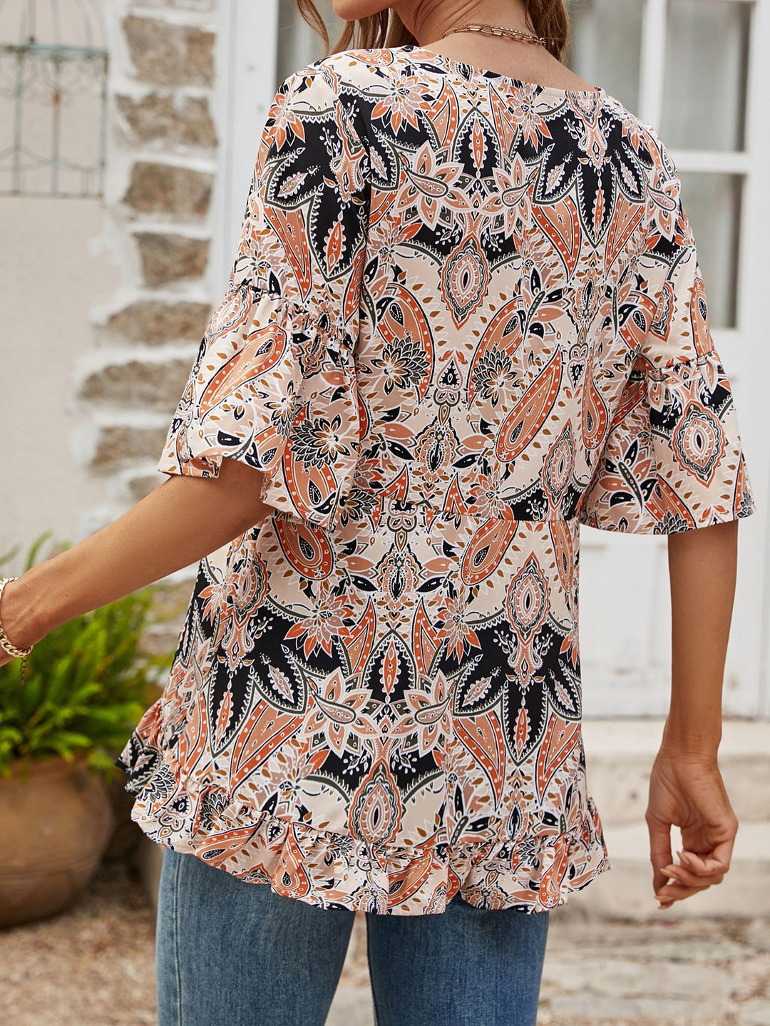 Paisley print flounce sleeve ruffle hem blouse