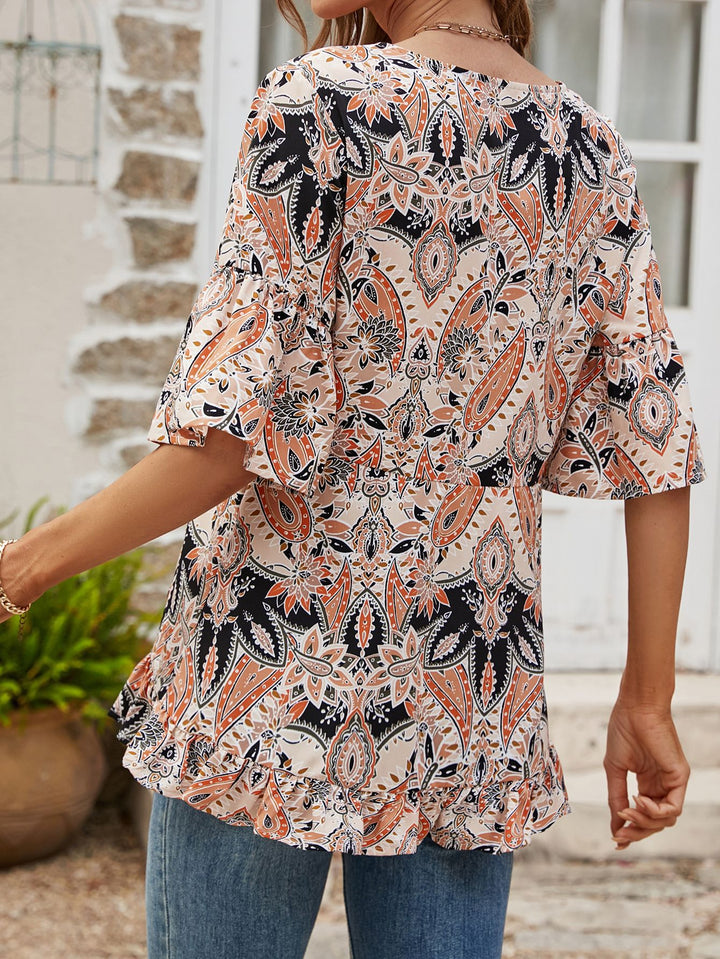 Paisley print flounce sleeve ruffle hem blouse
