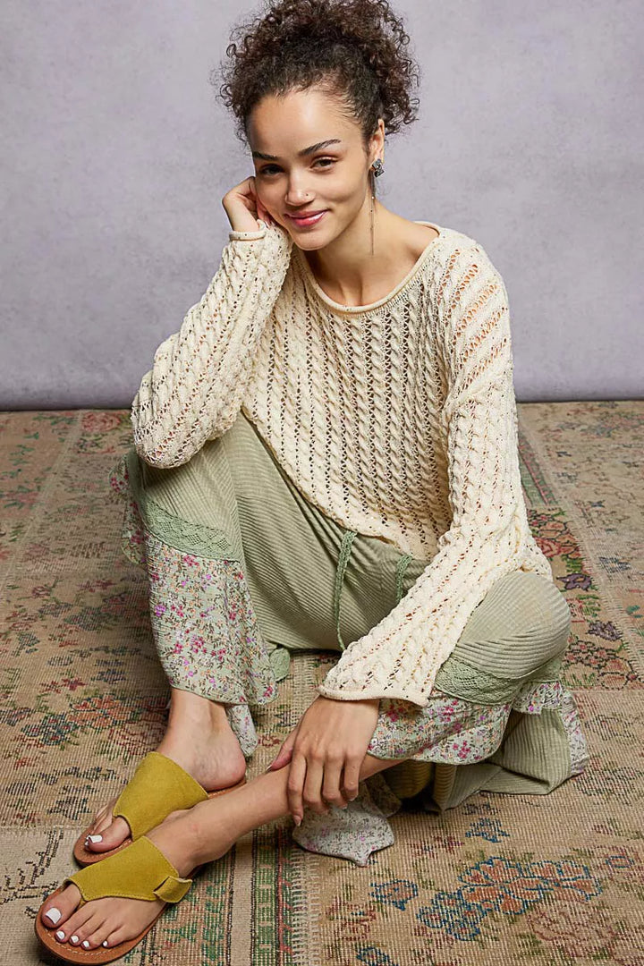Openwork pointelle knit sweater with shimmer detail