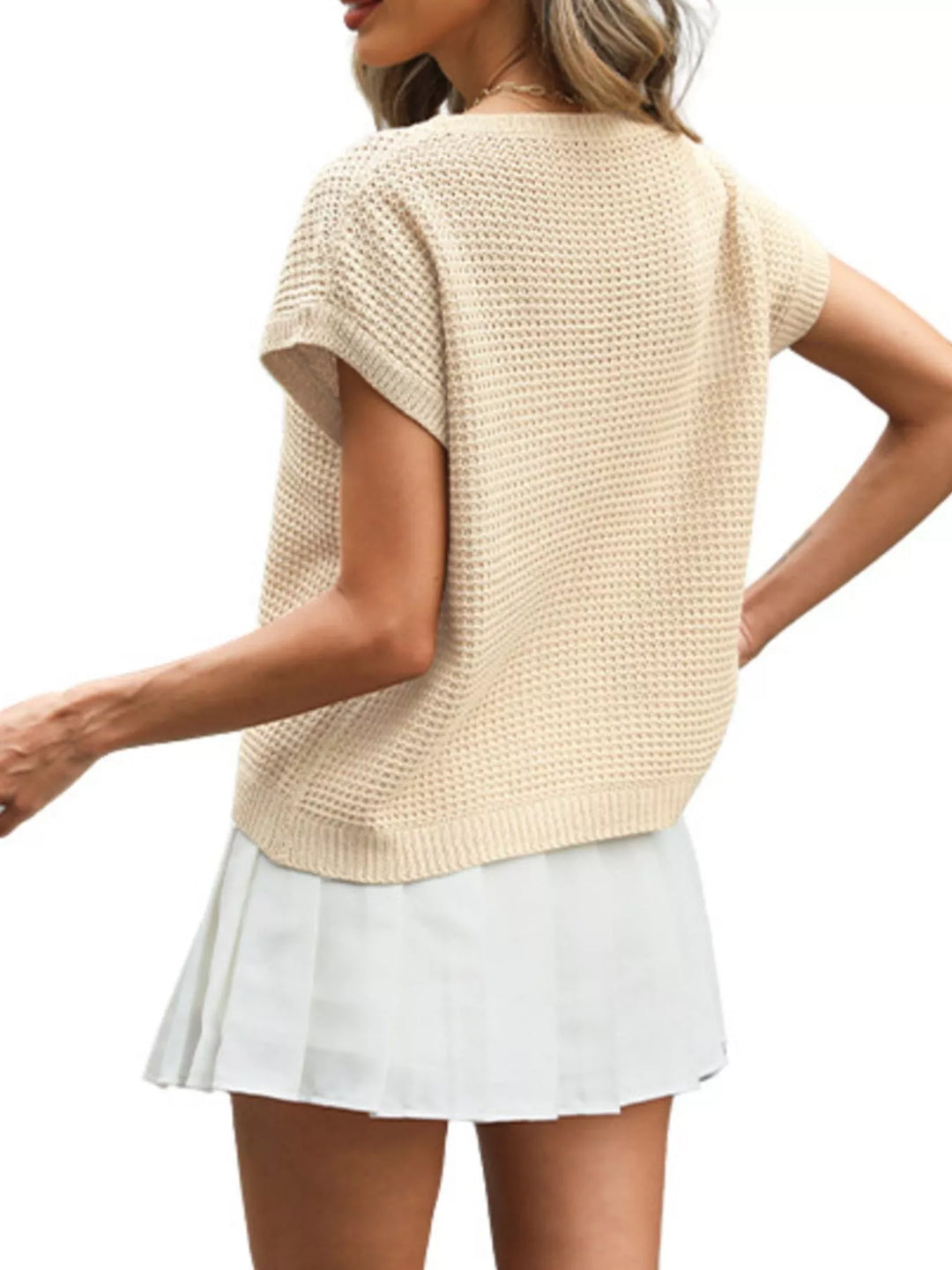 Waffle knit short sleeve sweater top with drop shoulders