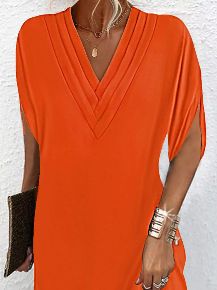 Pleated V-neck split sleeve relaxed mini dress