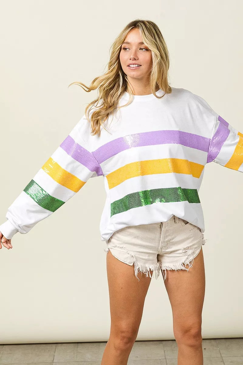 Sequin stripe Mardi Gras crewneck sweatshirt