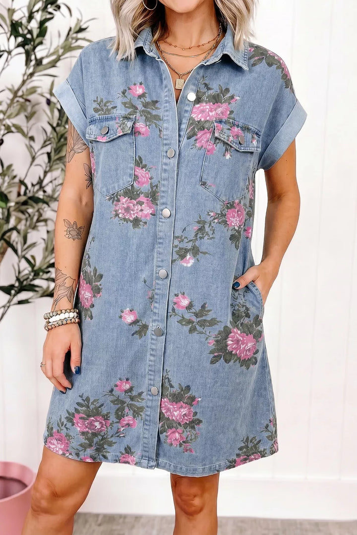 Floral print denim mini shirt dress with chest pockets