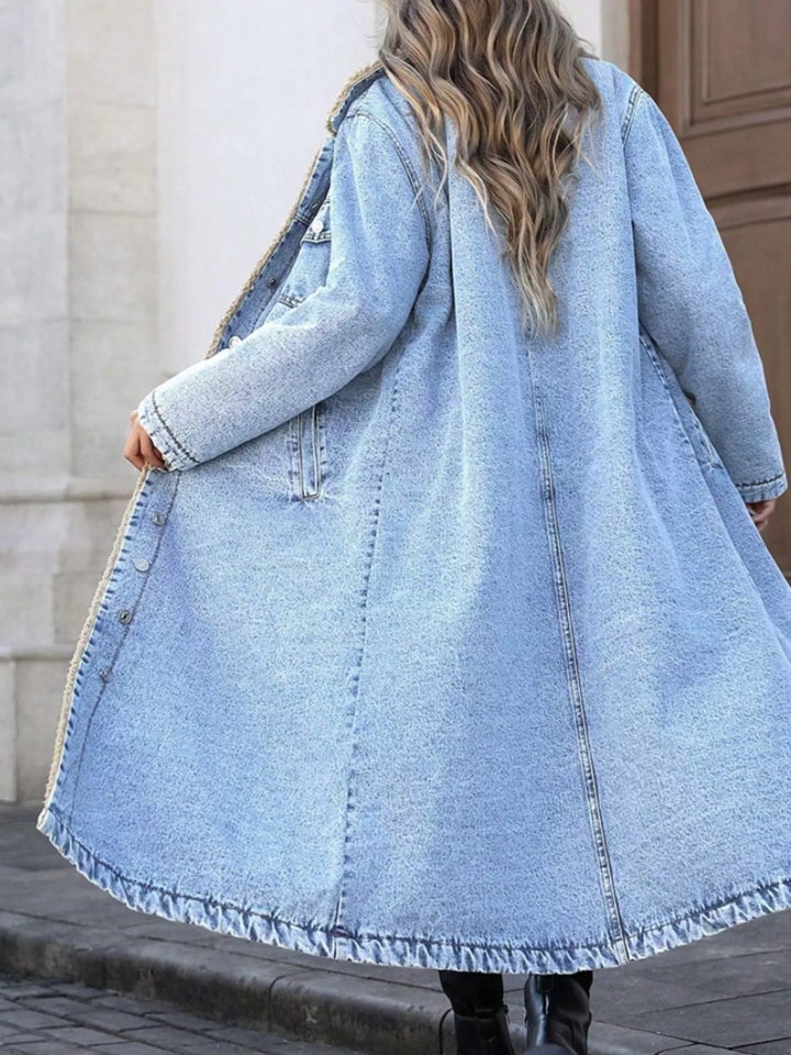 Sherpa-lined longline button-front denim jacket