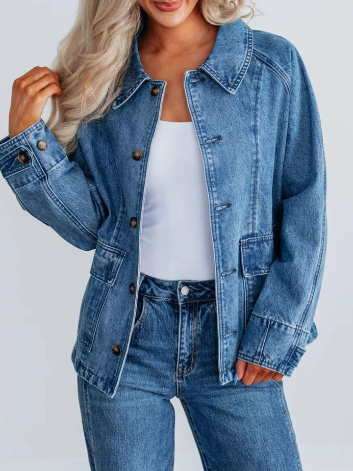 Blue Oversized button-up denim jacket with raglan sleeves
