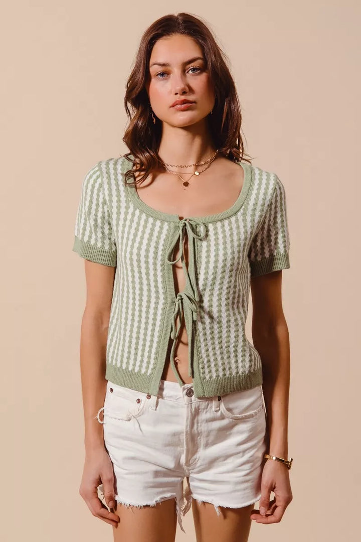 SAGE/OFF WHITE Tie-front striped short sleeve knit cardigan