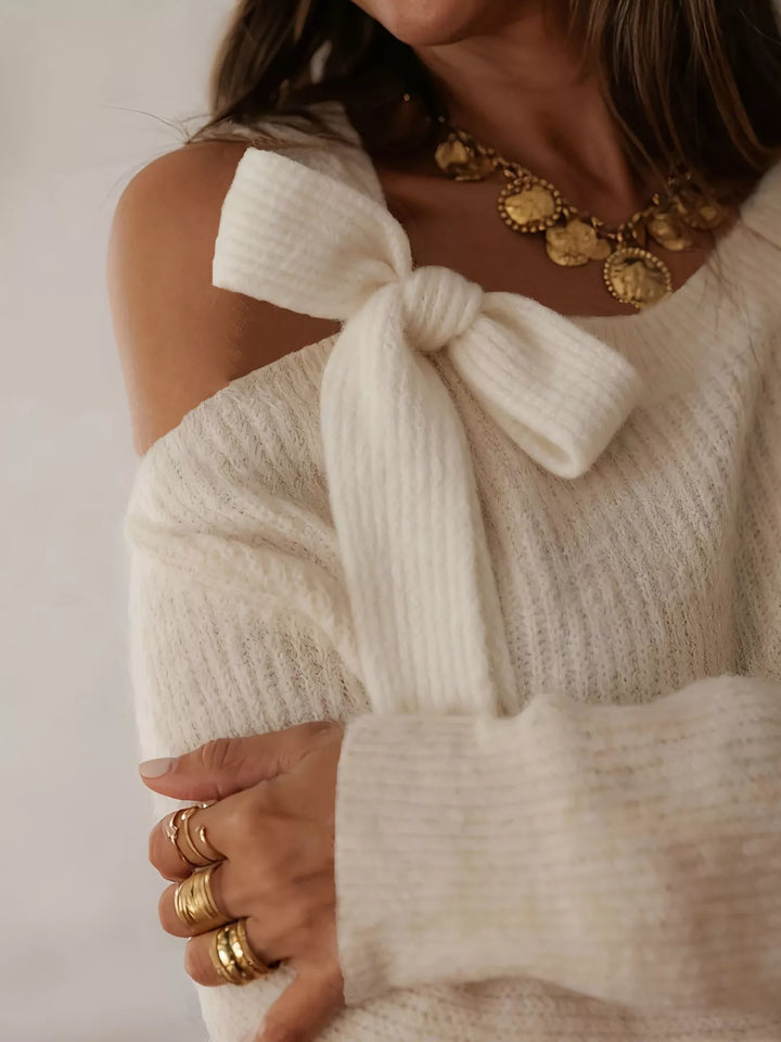 Bow-tie one-shoulder cutout knit sweater