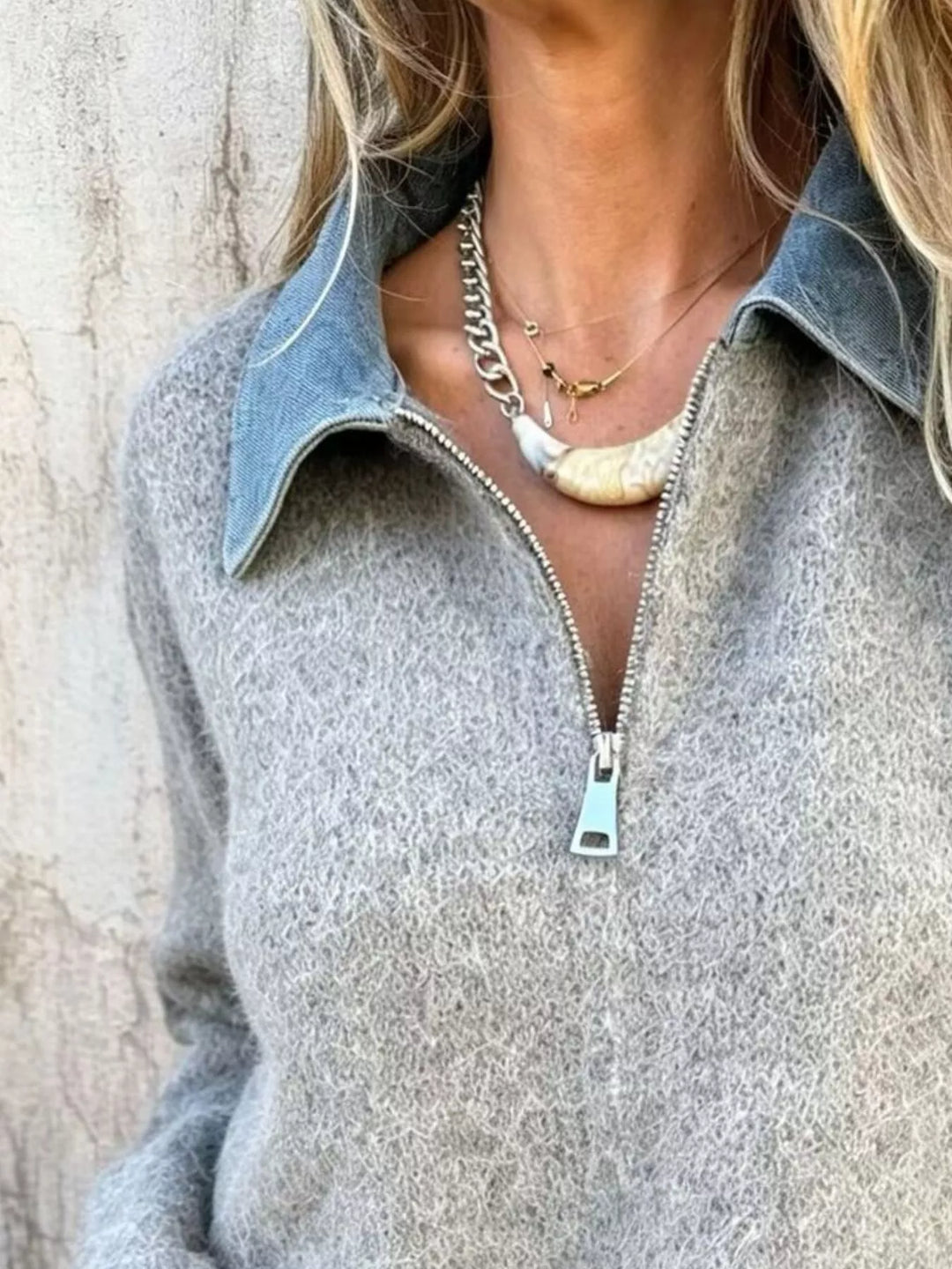 Denim collar half-zip knit sweater with layered hem
