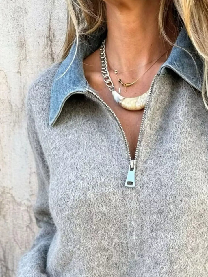 Denim collar half-zip knit sweater with layered hem