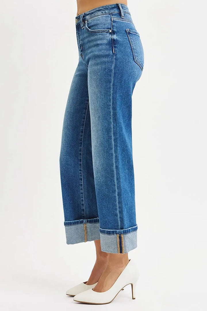 Mid rise straight crop jeans with wide cuffed hem