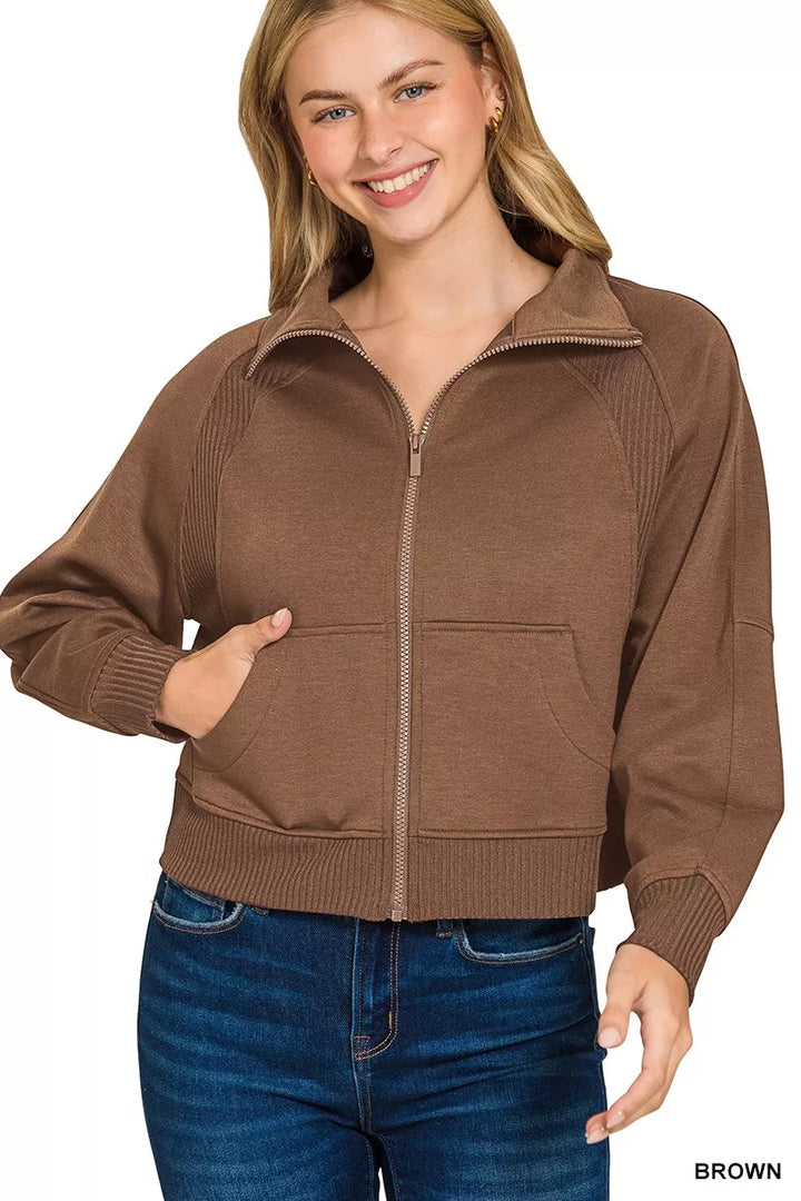 BROWN Scuba full-zip cropped jacket with ribbed panels and pockets