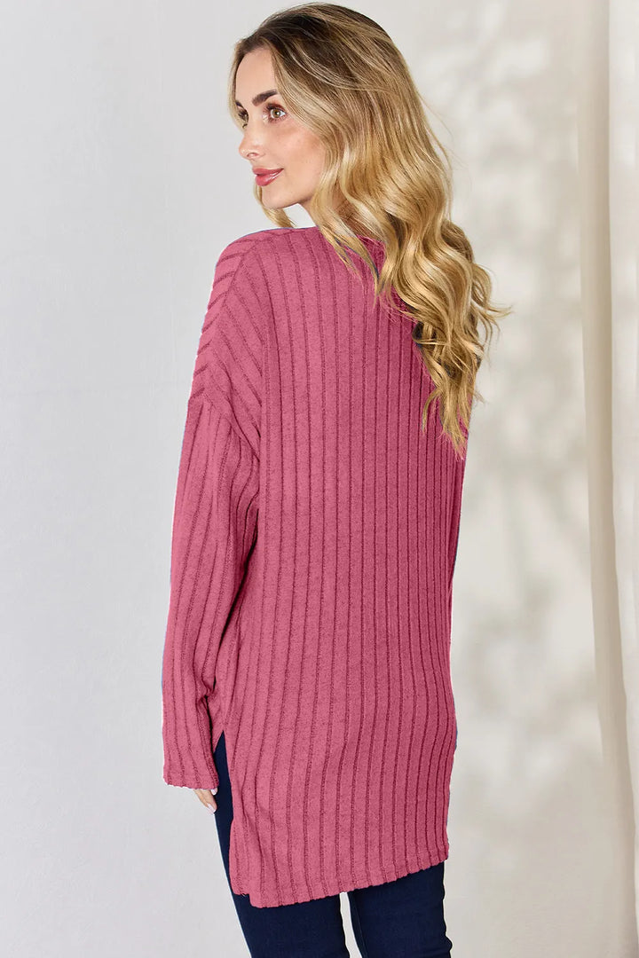 Ribbed knit half-button long sleeve high-low top