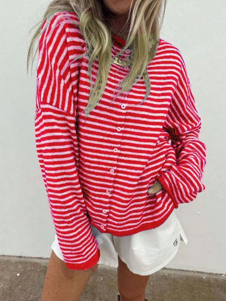 Red Striped lightweight knit button-front cardigan