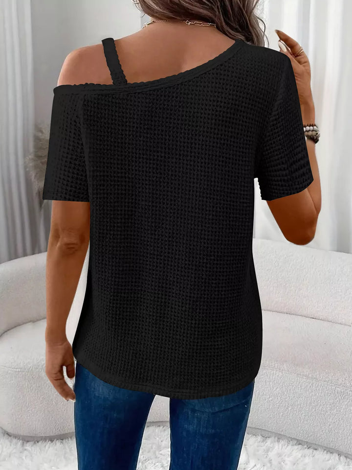 One-shoulder waffle knit top with chain-link strap detail
