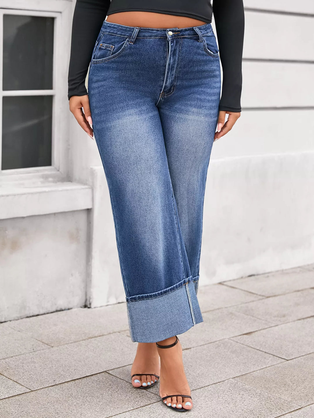 Plus size high-rise wide-leg jeans with deep cuffed hem