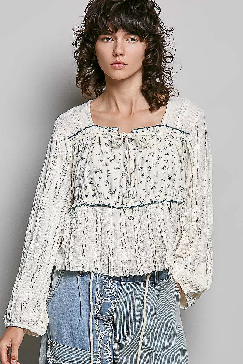 CREAM Square neck balloon sleeve boho top with floral panel